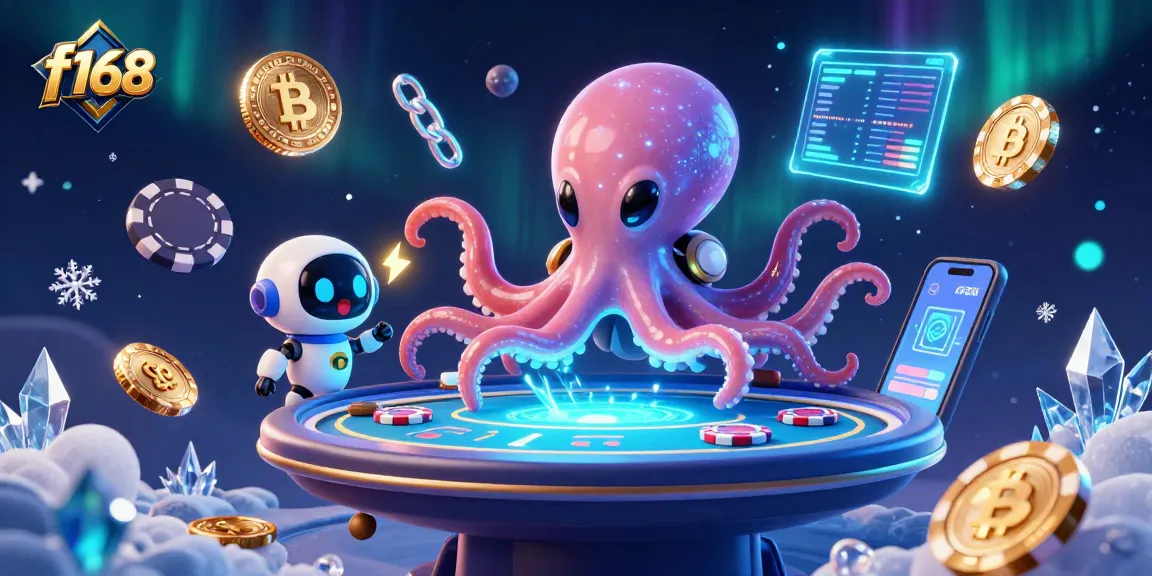 Experience f168's thrilling gaming with a vibrant alien octopus at a holographic poker table.
