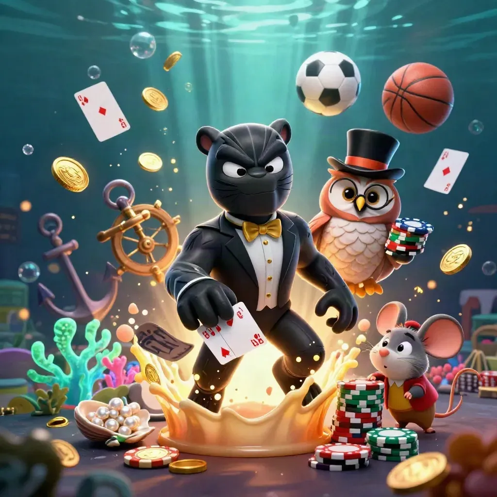 Pantera, gufo e topo in un covo sottomarino dorato con pallone, basket e luci blu notte.