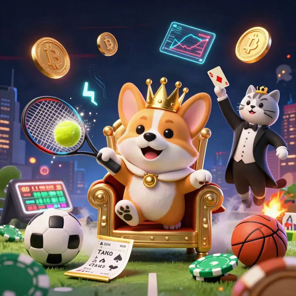 Corgi reale e gatto maggiordomo tra simboli crypto e tennis indoor, luce casino premium
