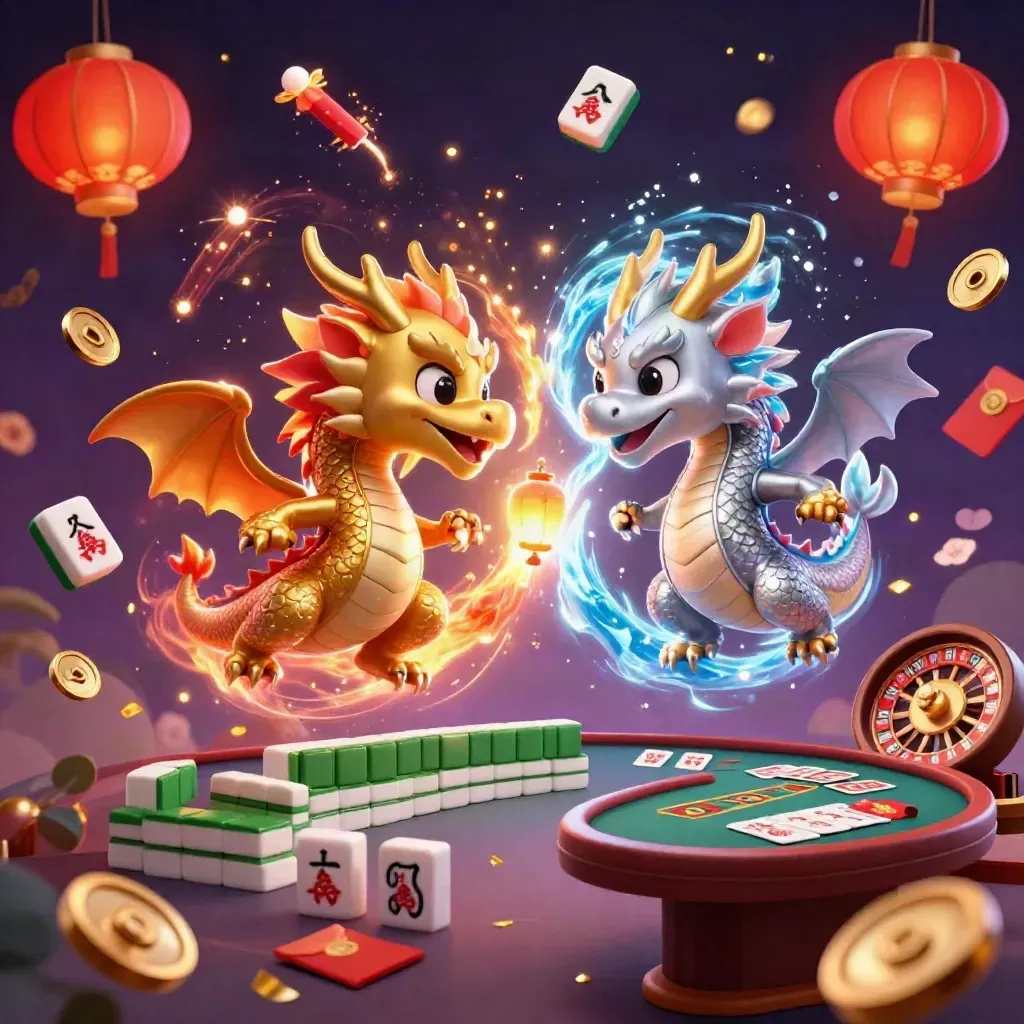 Due draghi 3D, oro e argento, in yin-yang tra lanterne, monete, fuochi e luce da casinò