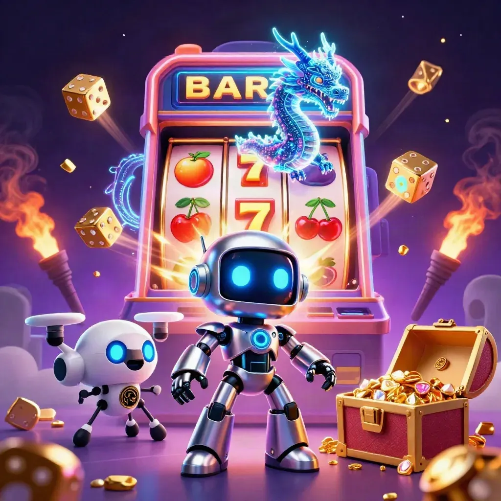 Robot cyberpunk, drago olografico e drone tra slot esplosa, dadi e tesoro in neon blu.