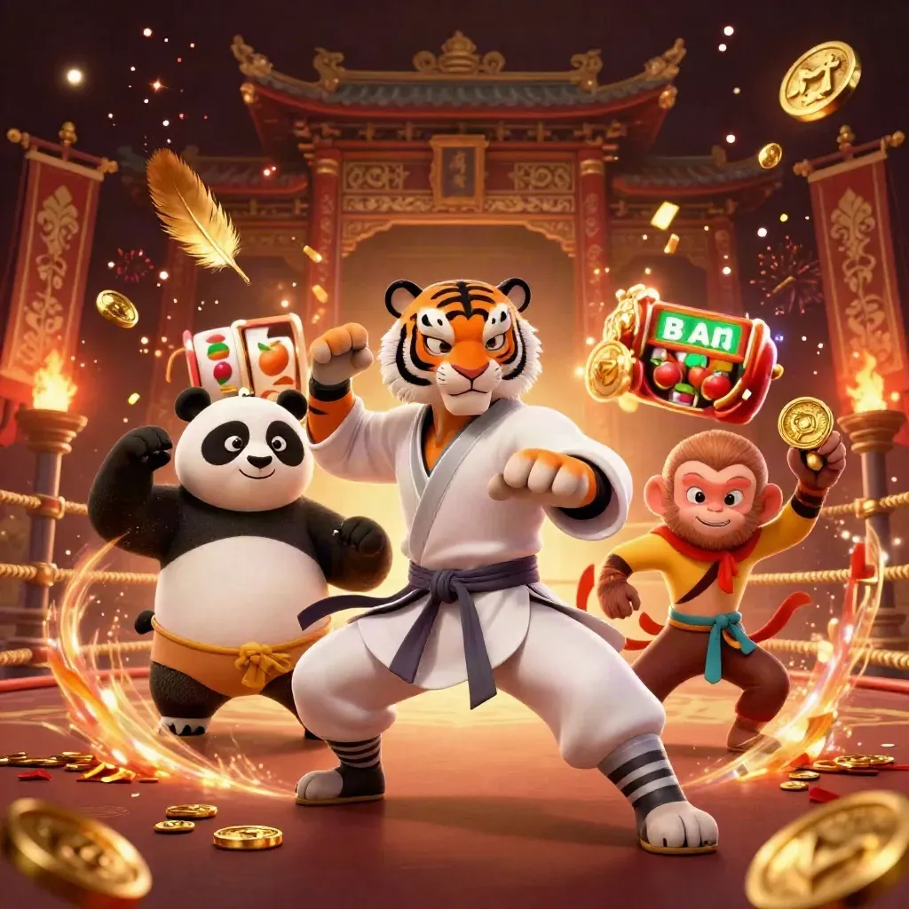 Tigre kung-fu, panda e scimmia tra monete, fuochi e un tempio rosso-dorato, stile casino premium.