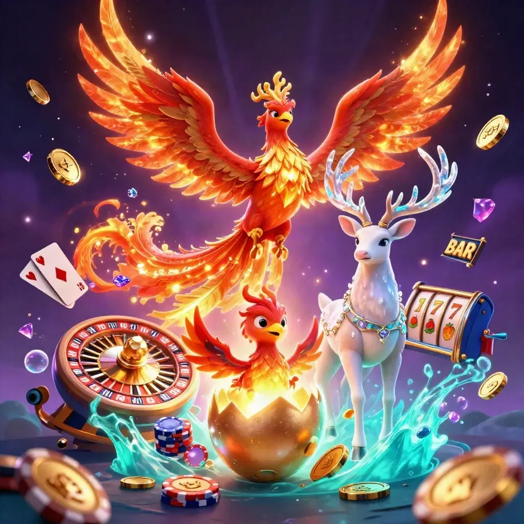 Fenice, cervo magico e pulcino d’oro tra monete, slot e ruota roulette.