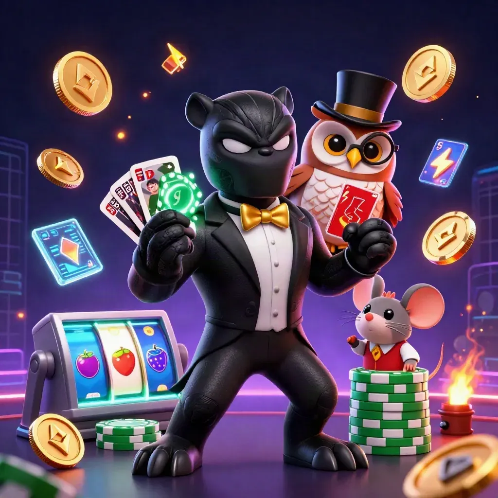 Pantera tuxedo, gufo e topo tra fiches, slot e bagliori neon su fondo blu notte.
