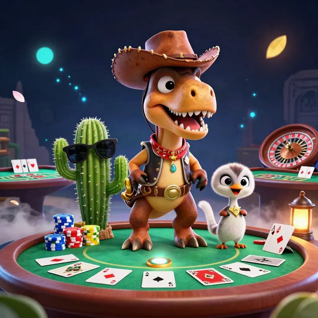 T-Rex cowboy, cactus e roadrunner tra fiches, ruota e luci blu/oro
