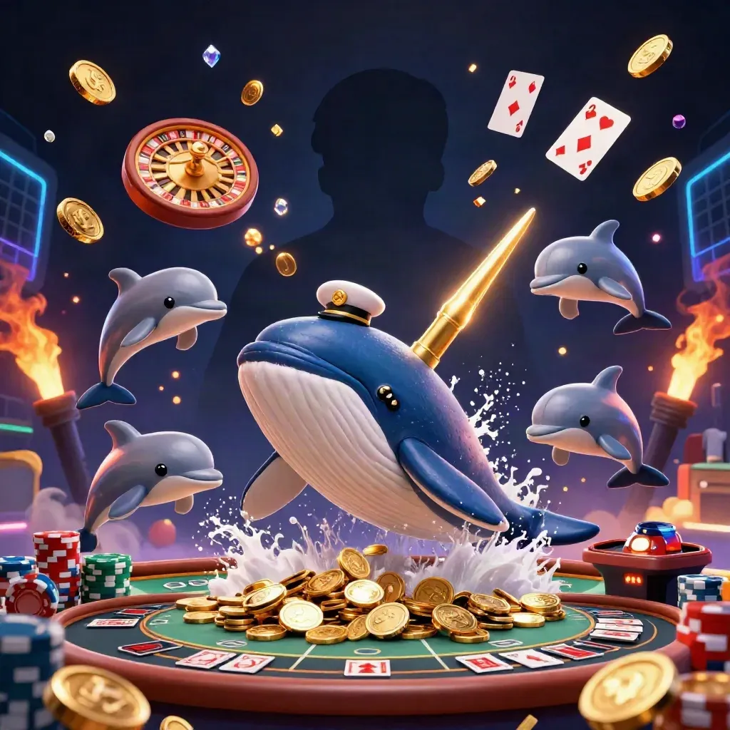 Balena capitano, narvalo e delfini tra monete, fiches e ruota roulette luminosa