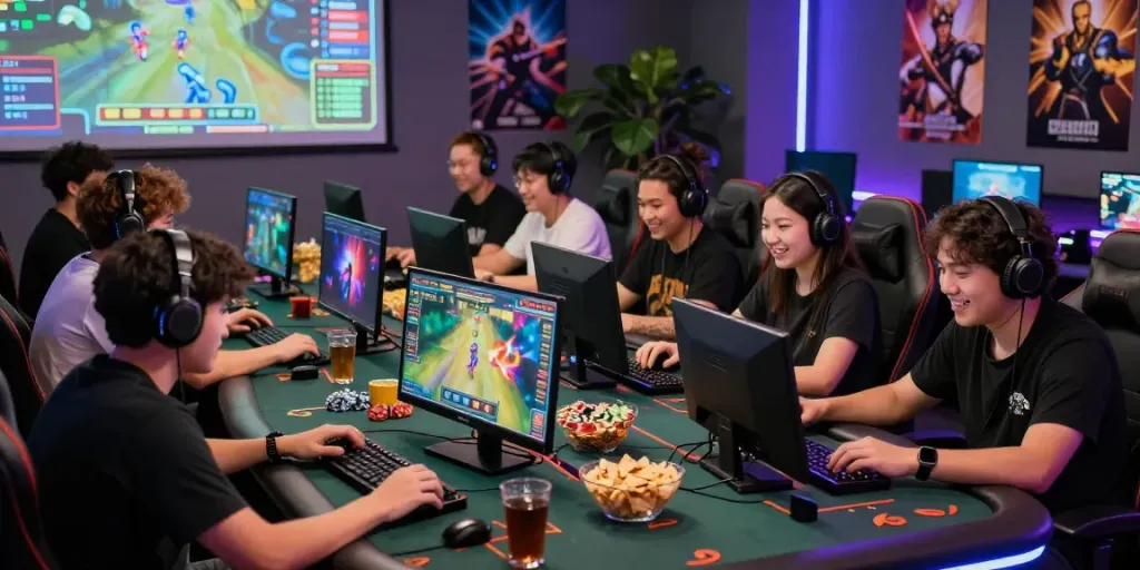 Engaged gamers in a lively online gaming scene featuring rokok88 daftar on digital displays and vibrant ambiance.