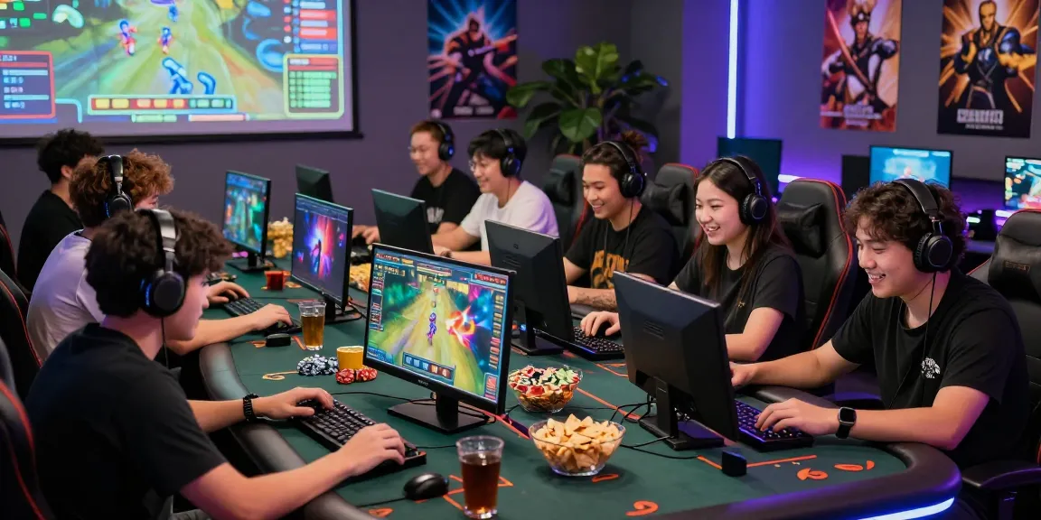 Engaged gamers in a lively online gaming scene featuring rokok88 daftar on digital displays and vibrant ambiance.