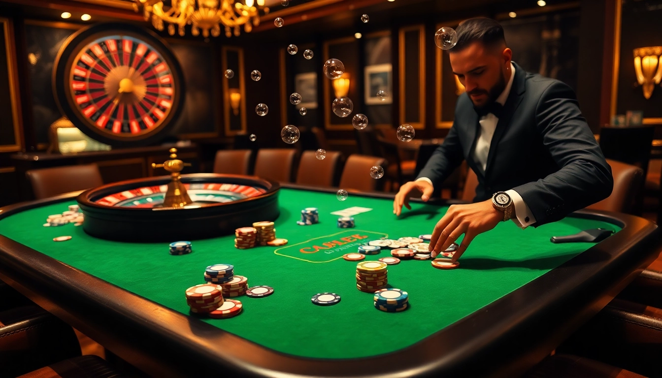 C168 poker table with chips and cards illuminated in a luxury casino ambiance.