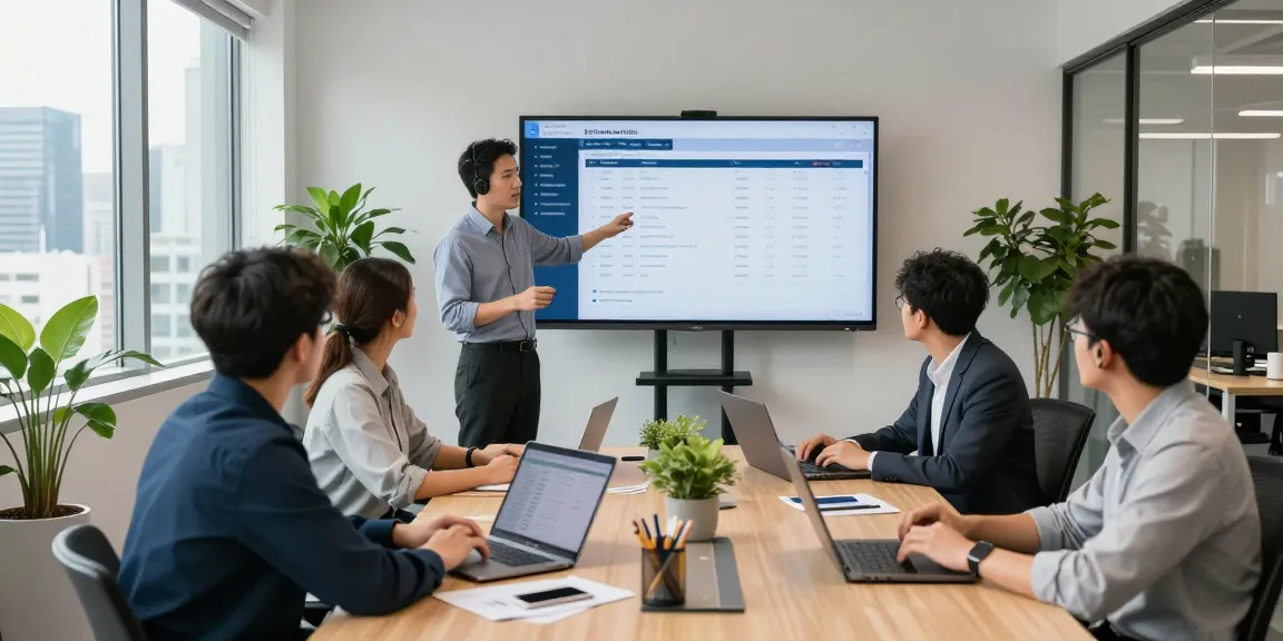 Collaborative team discussing small business IT support services with laptops and data analytics.