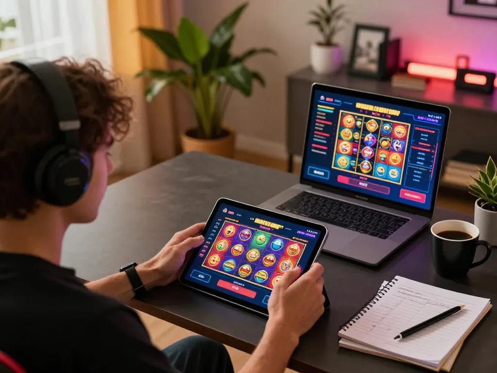 Engaging with online slots at home using link vào lc88 on a tablet surrounded by gaming notes.