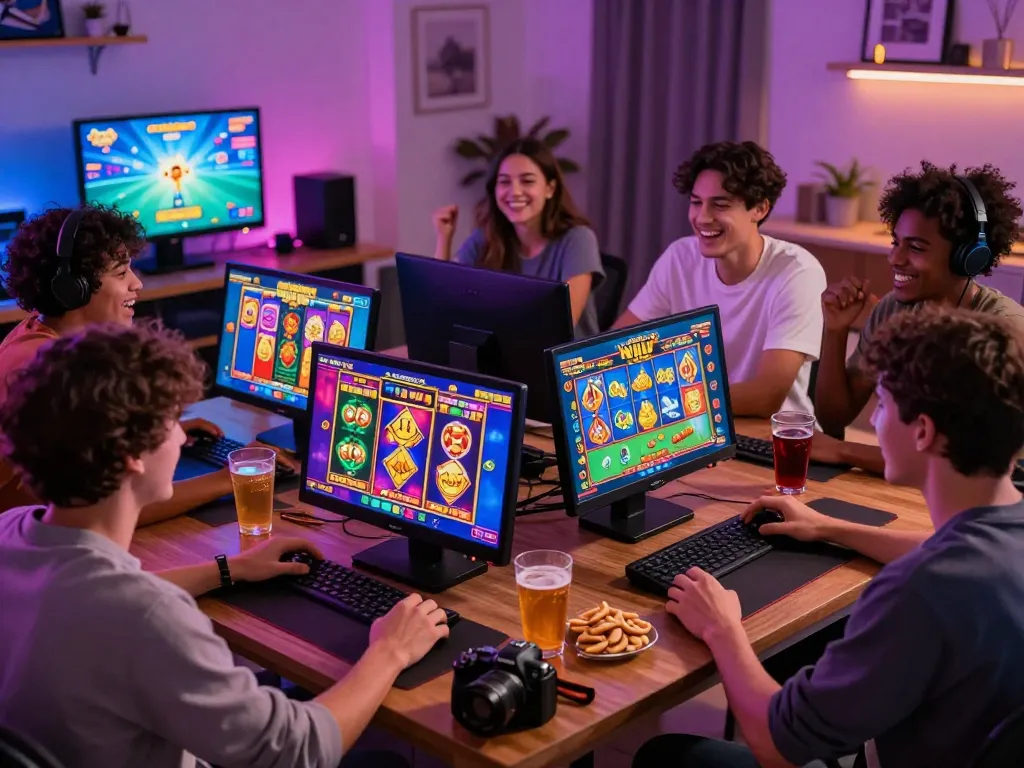 Nổ Hũ gaming session with friends enjoying colorful slot screens and vibrant atmosphere.