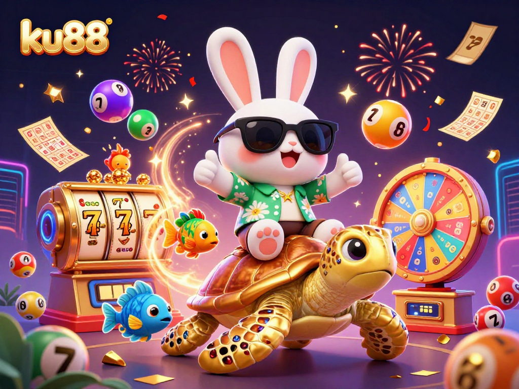 ku88 brings luck with a cartoon rabbit and turtle in a vibrant casino scene filled with lottery excitement.