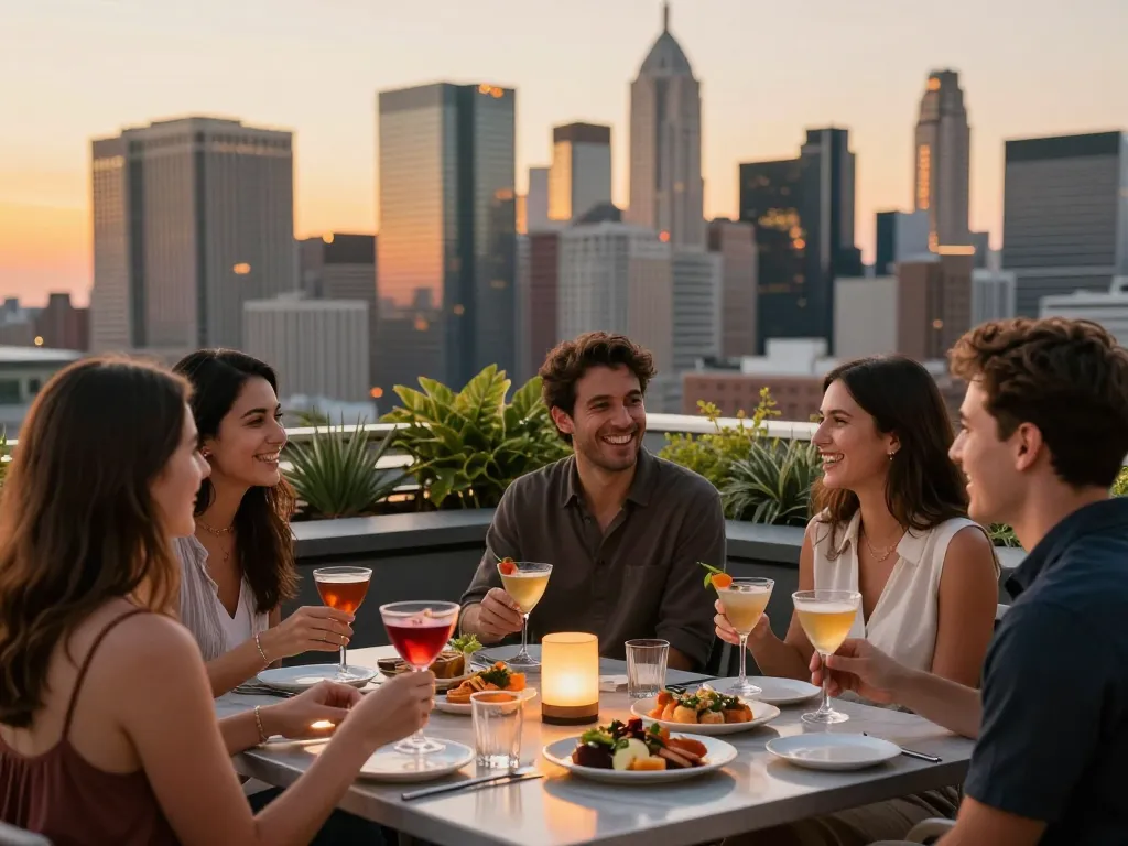 A vibrant gathering at Nohu rooftop bar with city views and cocktails