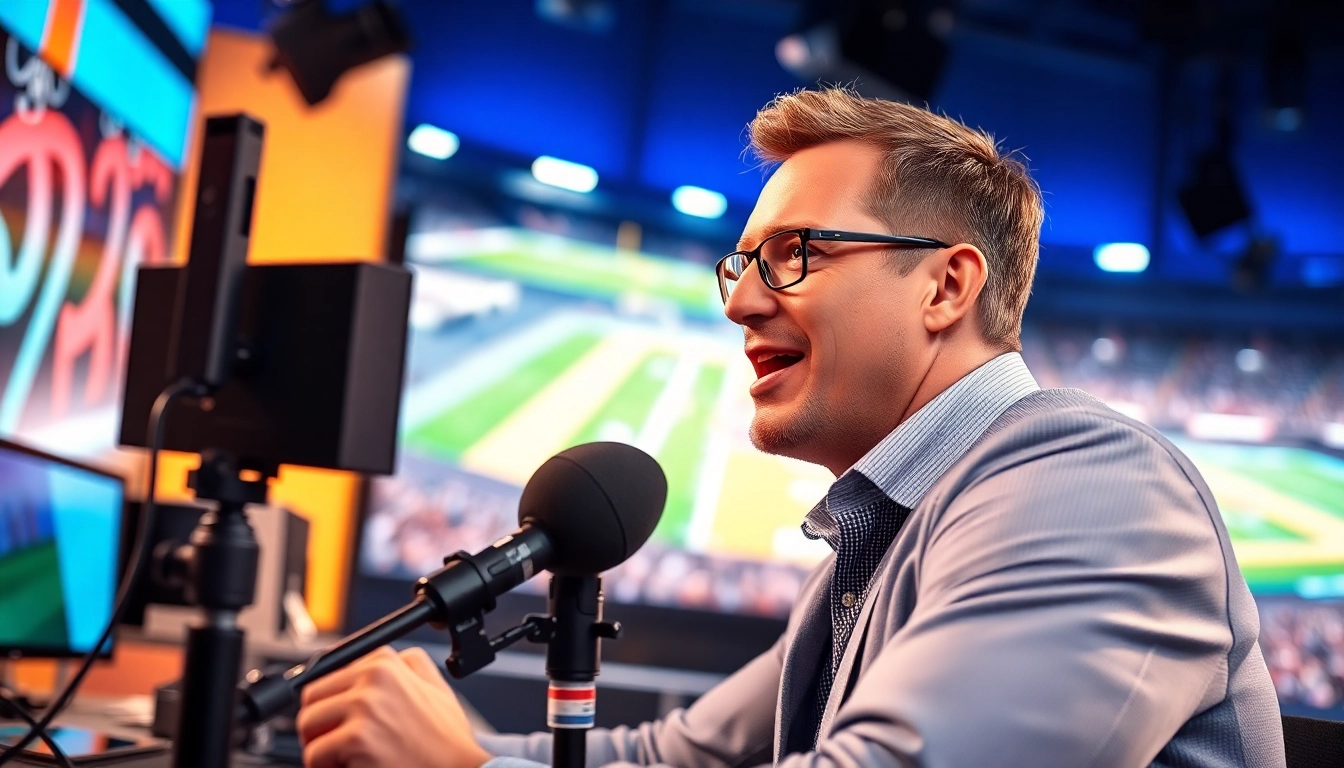 Engaging sports broadcasting scene with a commentator, showcasing excitement and professionalism