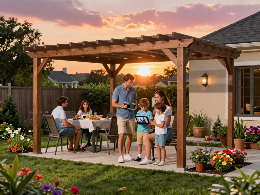Interactive configuratore 3D pergola setup in a vibrant backyard with a family enjoying summer.
