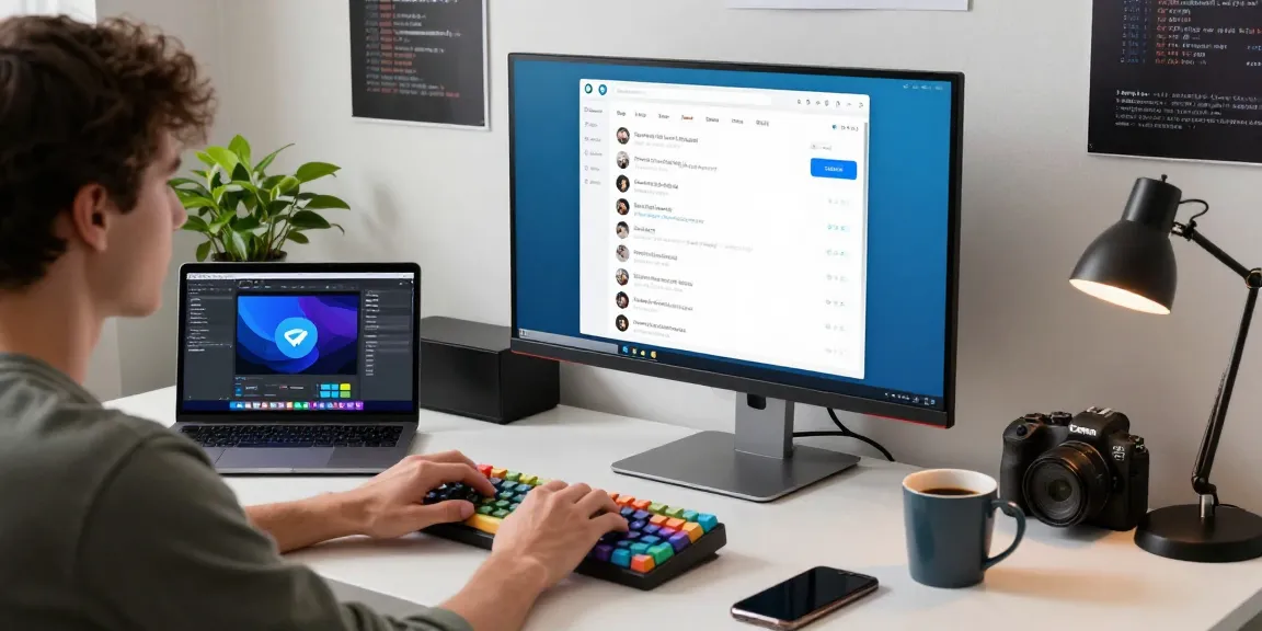 Using the Telegram web version interface on a modern workspace setup with coding, tech gadgets, and engaging atmosphere.