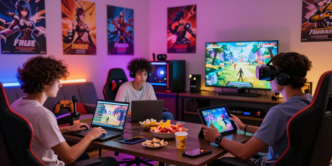 Friends playing free hentai games in a cozy gaming room with vibrant lights and snacks.