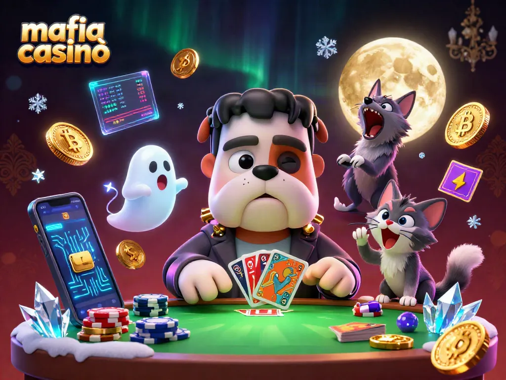 Mafia casinò illustration featuring a unique Frankenstein bulldog dealer amidst colorful casino elements.