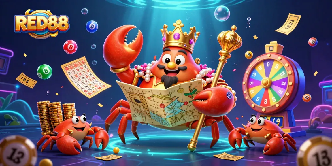 Experience the excitement of RED88 with colorful lottery elements and the golden crab emperor in a vibrant casino scene.