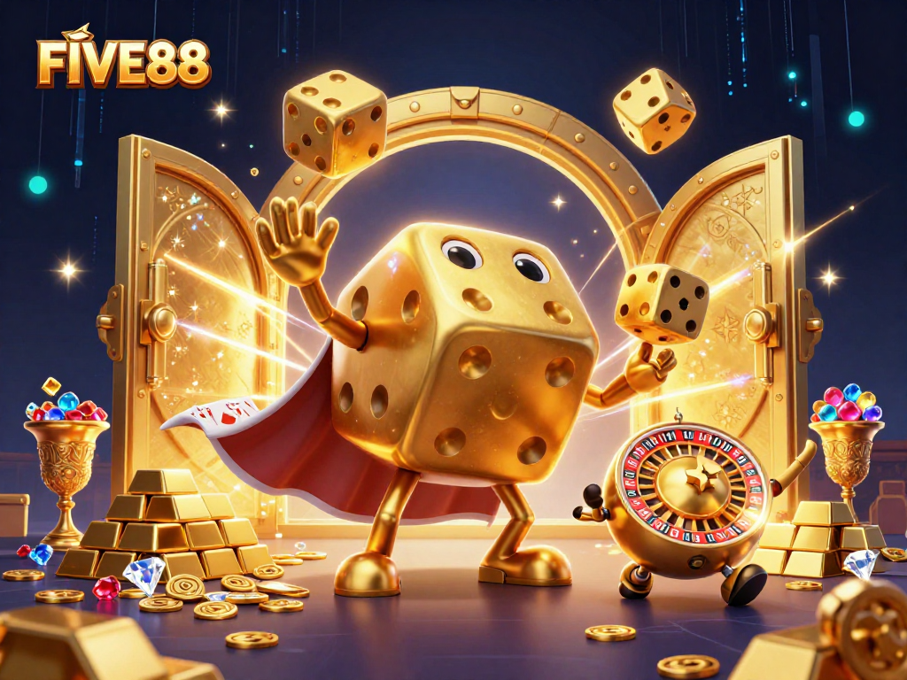 Experience the thrill of FIVE88 with a vibrant casino scene, featuring a whimsical golden dice golem and jewel-rich treasures.