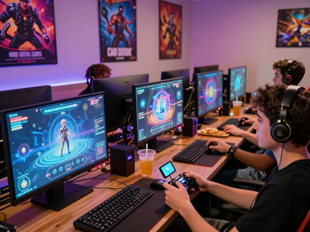 Exciting gaming session with players enjoying mind control porn games in a vibrant lounge.