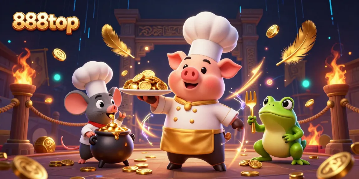 Watch a cartoon chef pig serve gold coins in an exciting casino scene, 888top betting adventure.