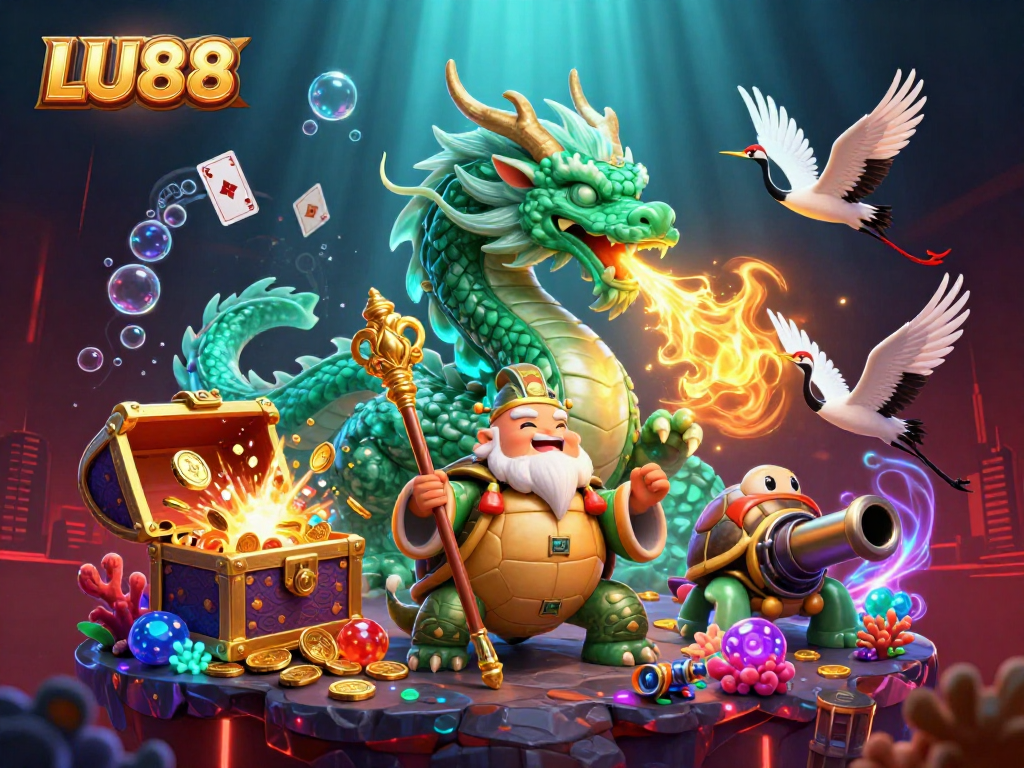Experience thrilling casinos with LU88 as a jade dragon breathes fiery luck amidst treasure.
