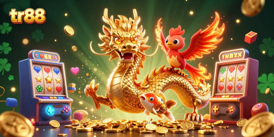Engage with the action in the vibrant tr88 casino scene featuring a golden dragon and a phoenix amidst slot machines and gold coins.