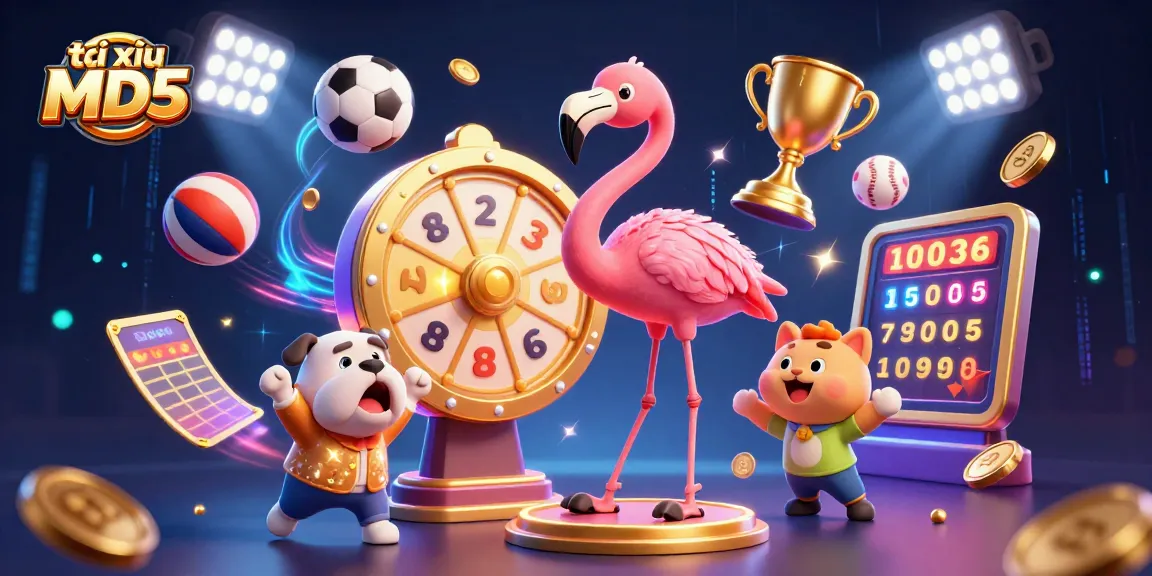 Experience the excitement of tài xỉu MD5 with dynamic game elements and vibrant characters in this 3D illustration.