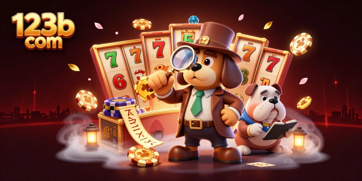 Explore thrilling wins at 123b com with a detective style, poker chips, and vibrant slot reels.