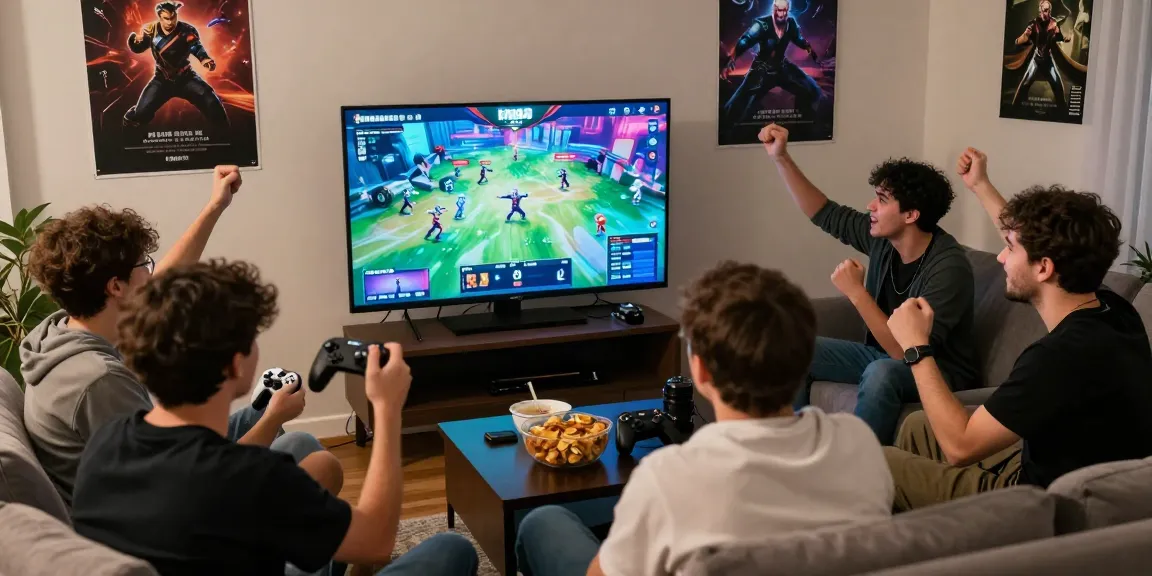 Friends enjoying an exciting match on the hm88 gaming platform, showcasing controllers and dynamic graphics.