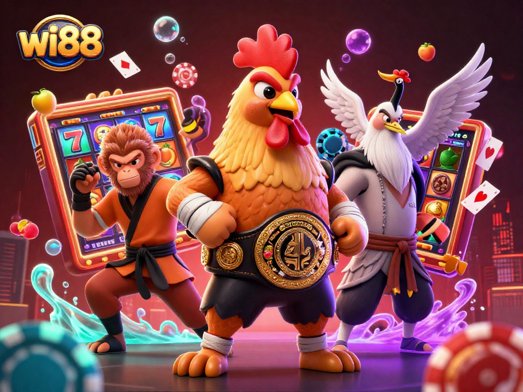 Experience the excitement of wi88 with dynamic slot reels and engaging characters in a vibrant casino scene.