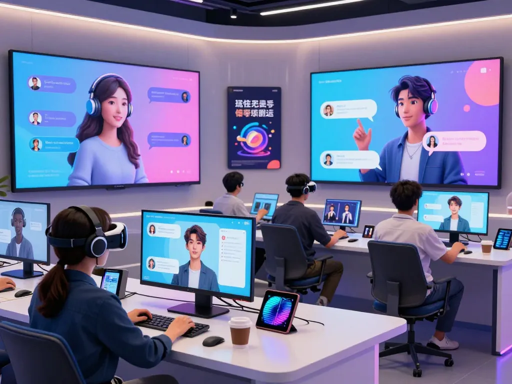 Users interacting with AI characters in a vibrant workspace setting, showcasing crushonai's chat technology.