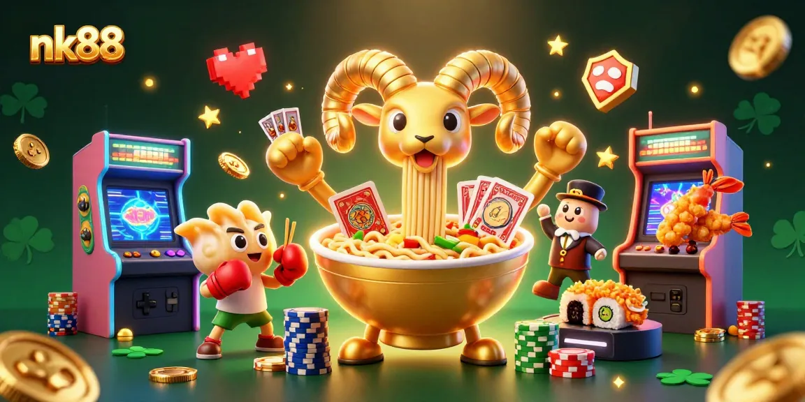 Experience thrilling moments with nk88 as a giant ramen bowl character deals casino cards surrounded by vibrant game elements.