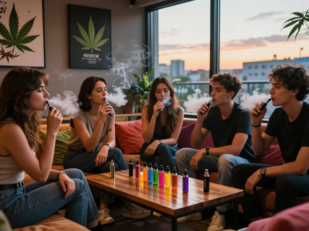 Gruppo che si diverte con thc pen italia in una accogliente lounge interna con decorazioni vivaci, che mostra dispositivi di vaporizzazione eleganti.