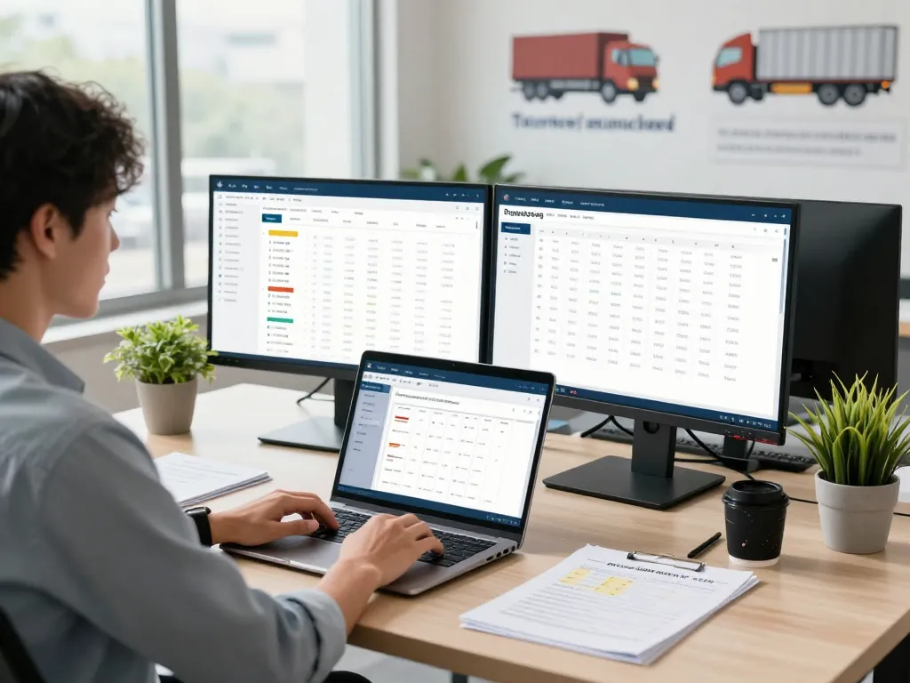 Go99 freight matching professional using logistics software in a bright office environment.