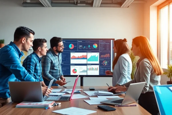 Social Media Marketing team collaborating with enthusiasm and technology in a vibrant office setting.