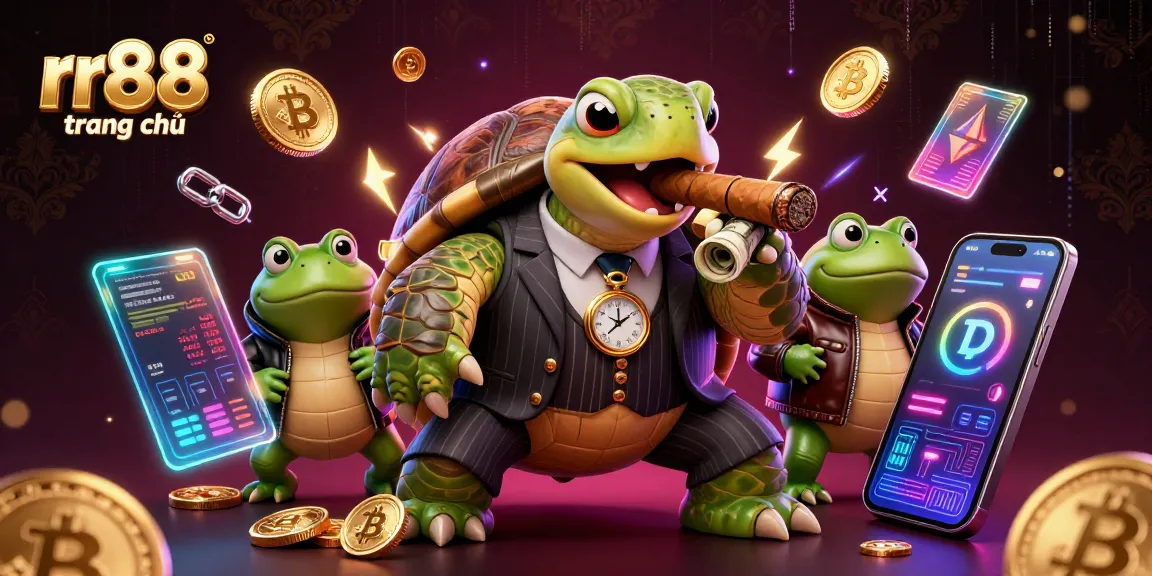 Engage with the lively rr88 trang chủ, showcasing a vibrant casino atmosphere with animated characters and crypto elements.