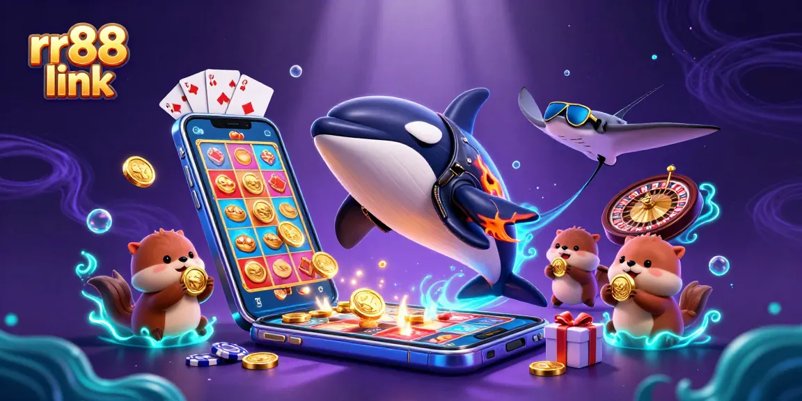 Experience thrilling gaming with rr88 link as orca and otters celebrate in a vibrant casino scene.
